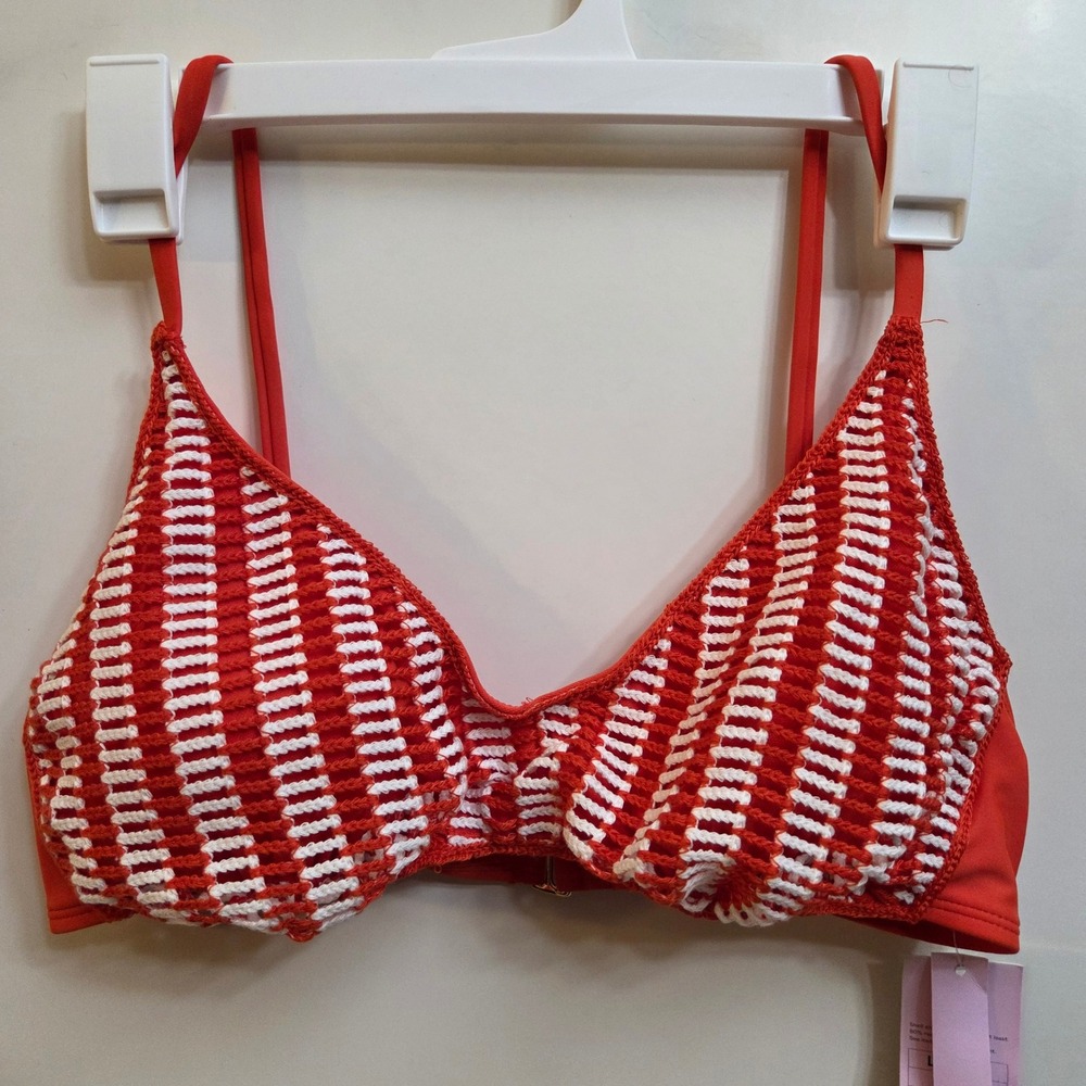 Wild Fable Womens Crochet Triangle Bikini Top Orange White Striped L 12-14 NEW